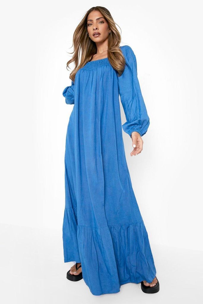 Womens Linen Balloon Sleeve Maxi Dress - Blue - 8, Blue