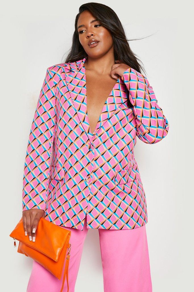 Womens Plus Geo Print Plunge Front Tailored Blazer - Pink - 16, Pink