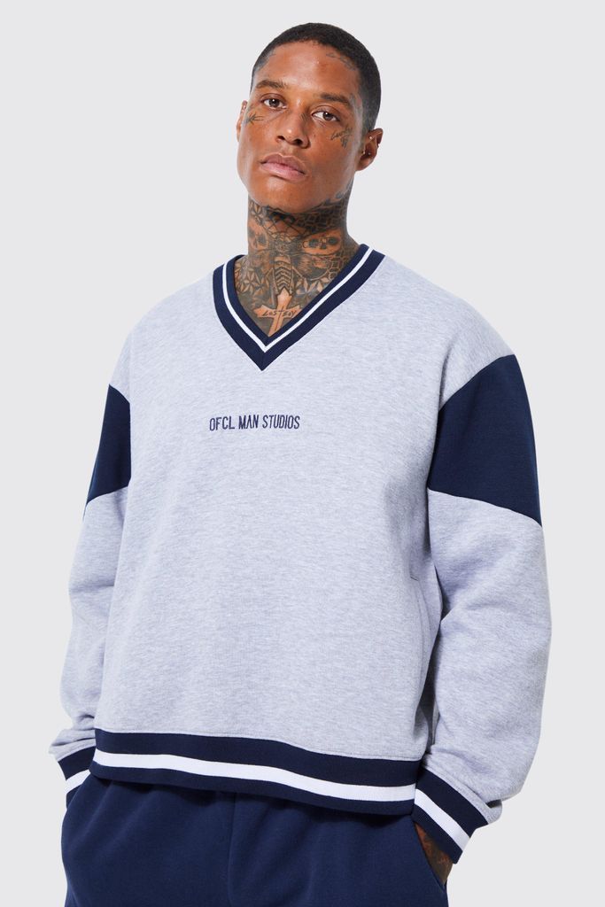 Men's Oversized Boxy V-Neck Varsity Sweatshirt - Grey - S, Grey