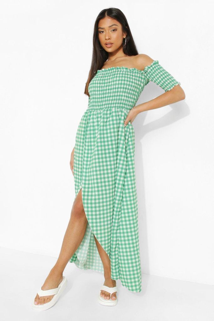 Womens Petite Gingham Shirred Wrap Front Maxi Dress - Green - 6, Green