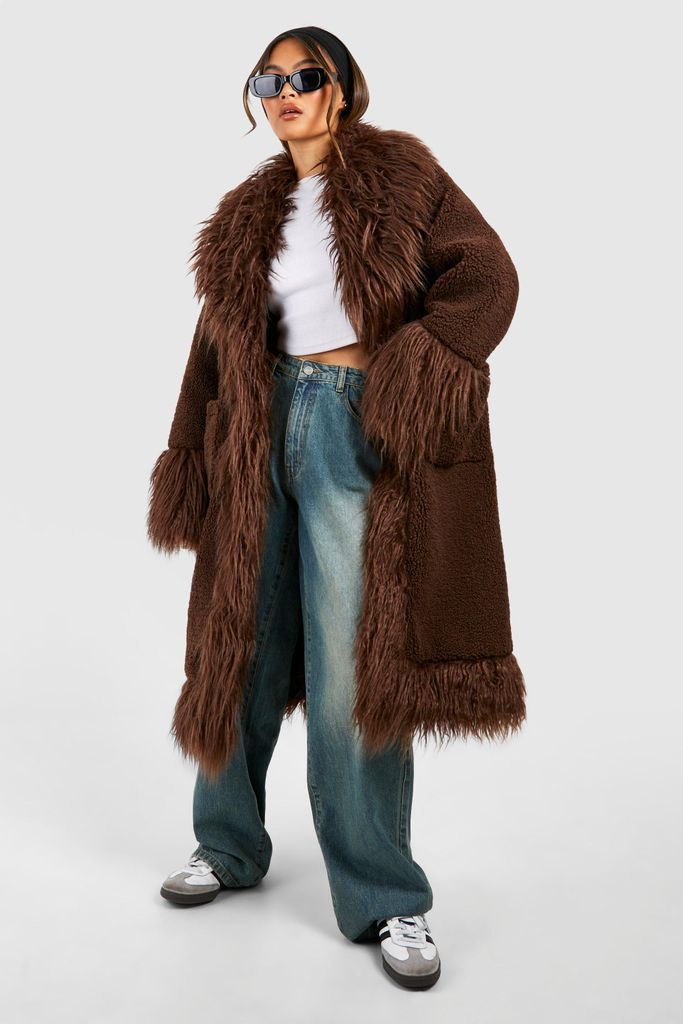 Womens Oversized Faux Fur Detail Coat - Brown - 8, Brown