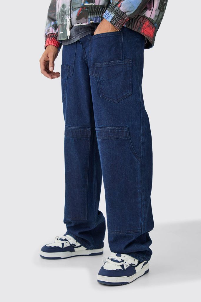 Men's Baggy Rigid Multi Pocket Carpenter Jeans - Blue - 28R, Blue