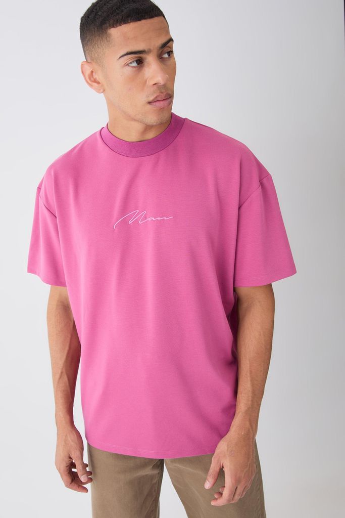 Men's Oversized Premium Super Heavyweight Embroidered T-Shirt - Pink - S, Pink