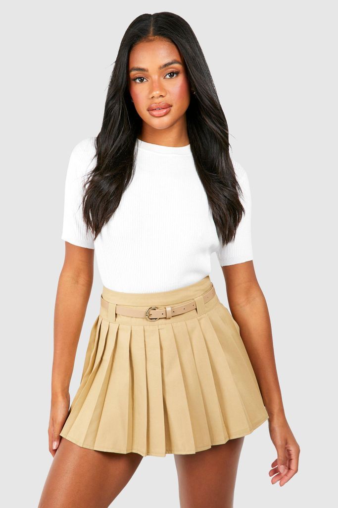 Womens Belted Pleated Mini Skirt - Beige - 6, Beige