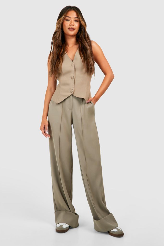 Womens Turn Cuff Wide Leg Relaxed Fit Tailored Trousers - Brown - 6, Brown