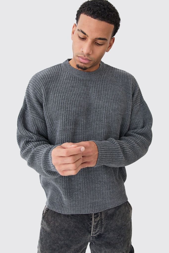 Men's Boxy Crew Neck Ribbed Knitted Jumper - Grey - S, Grey
