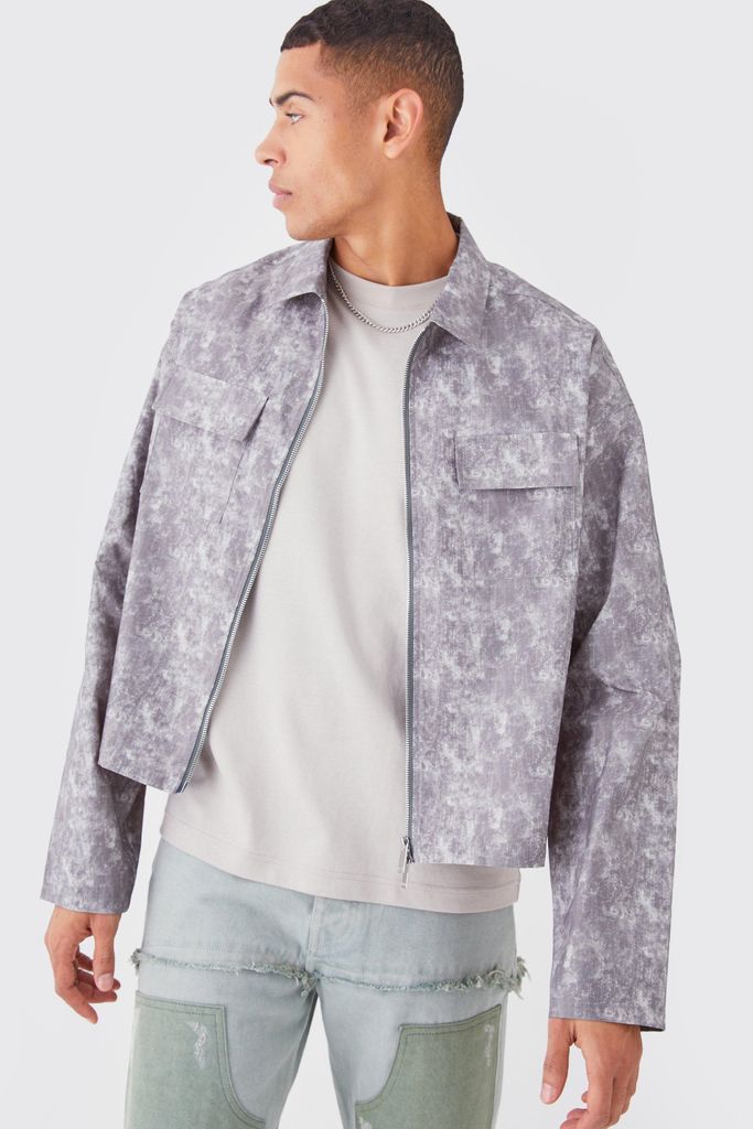 Men's Camo Boxy Zip Through Overshirt - Grey - S, Grey