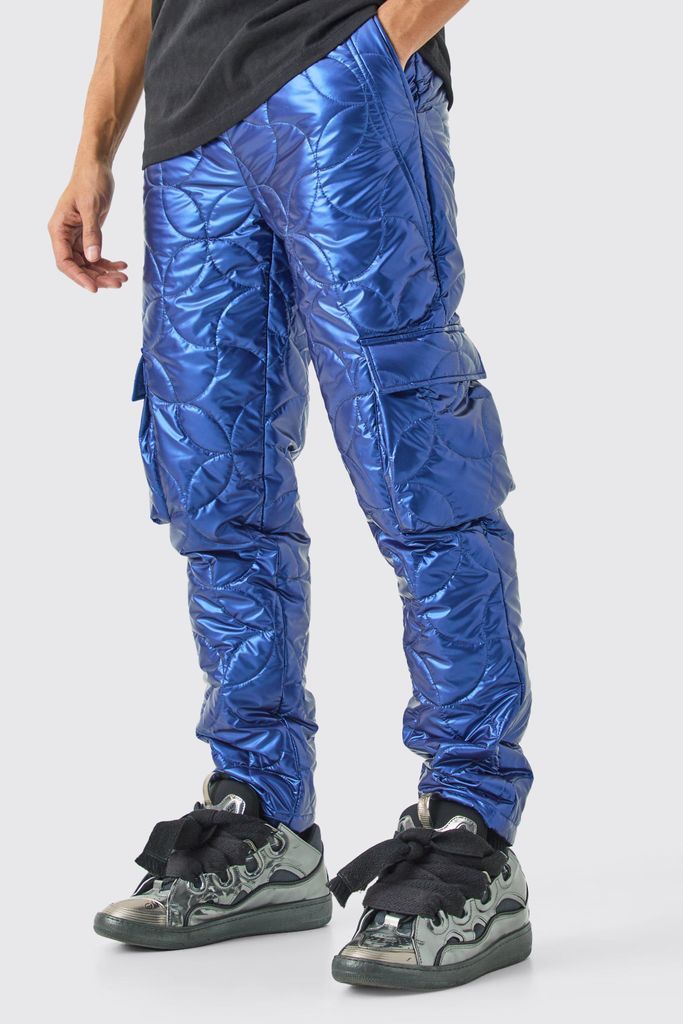 Men's Elasticated Waist Metallic Quilted Cargo Trousers - Blue - S, Blue