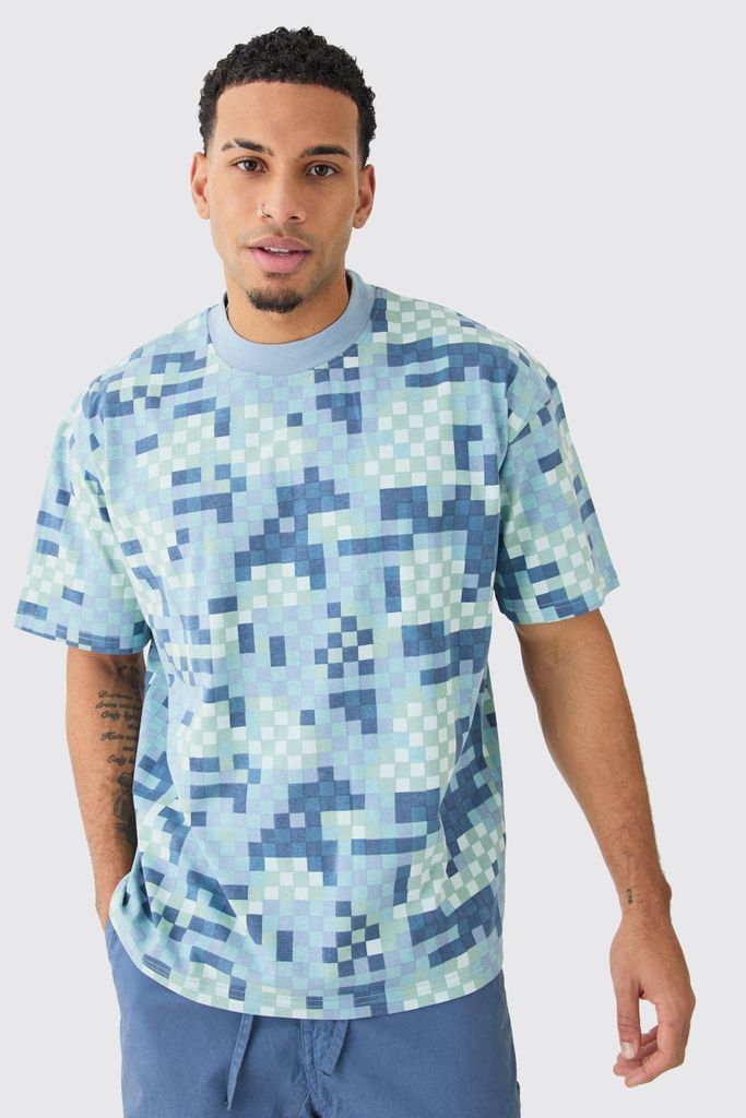 Men's Heavy Weight Pixel Camo Oversized Extended Neck T-Shirt - Blue - S, Blue