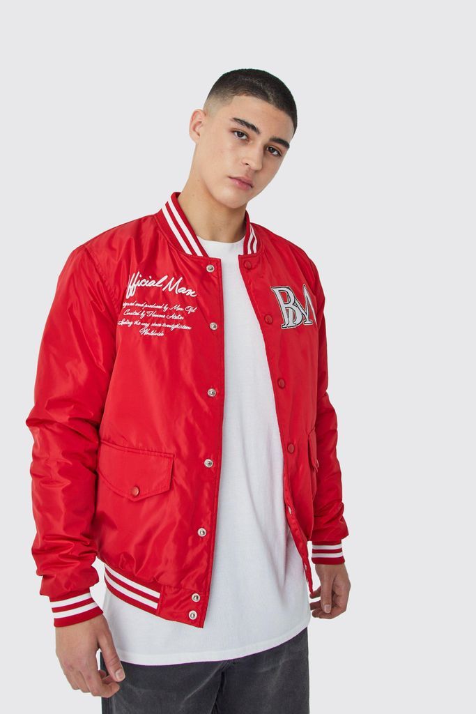 Men's Nylon Varsity Jacket With Badges - Red - S, Red