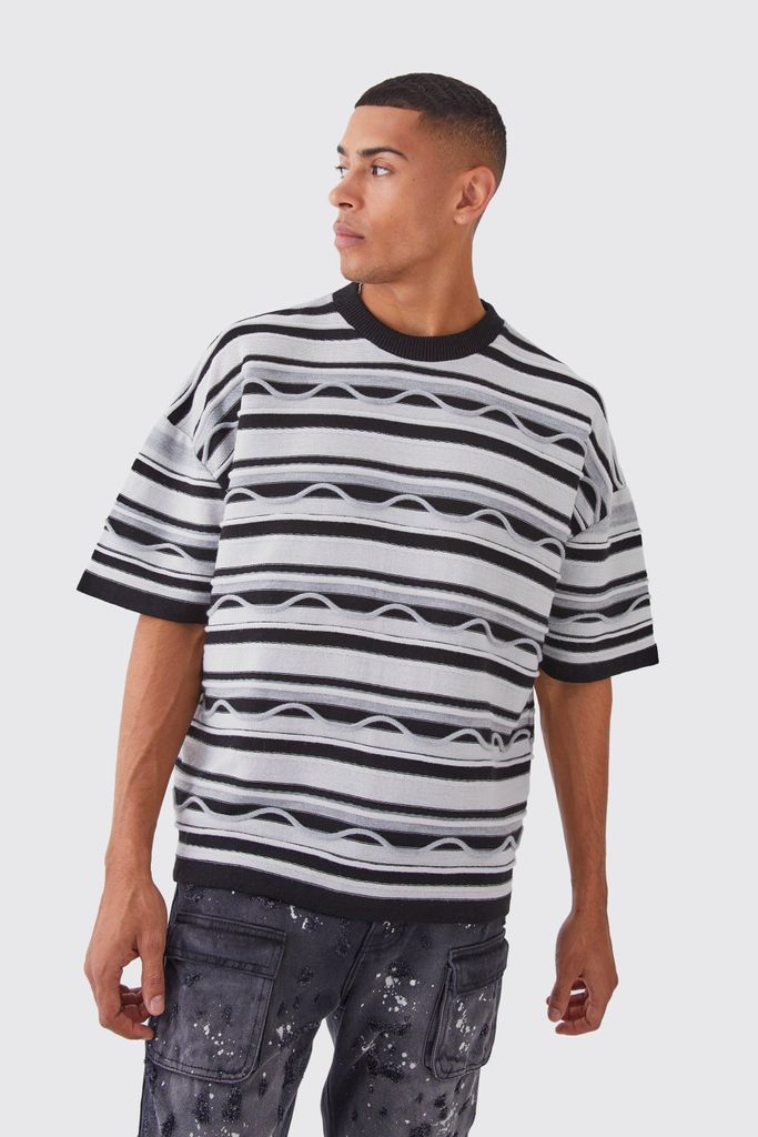 Men's Oversized 3D Jacquard Knitted T-Shirt - Black - S, Black
