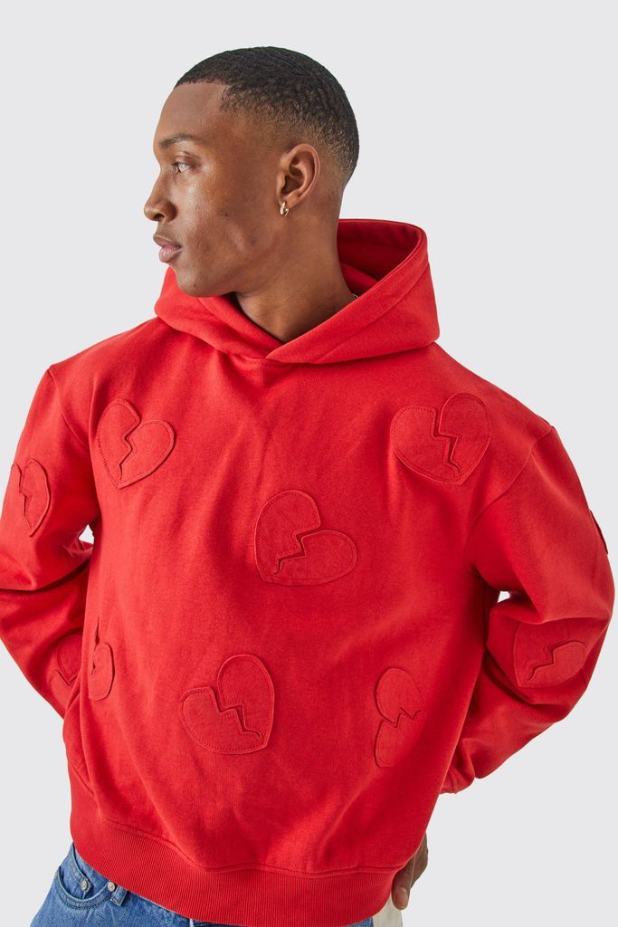 Men's Oversized Boxy All Over Heart Applique Hoodie - Red - S, Red