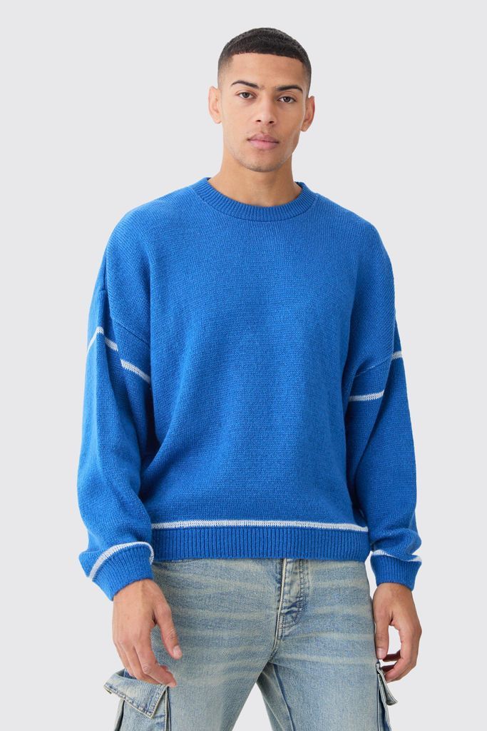 Men's Oversized Boxy Brushed Contrast Stitch Knit Jumper - Blue - S, Blue