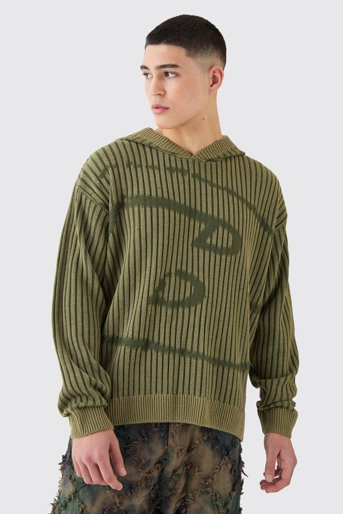 Men's Oversized Boxy Branded Knitted Hoodie - Green - S, Green