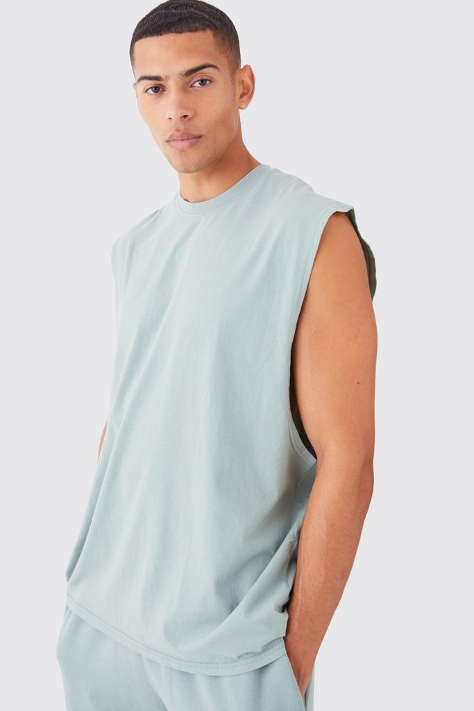 Men's Oversized Drop Armhole Washed Vest - Green - S, Green