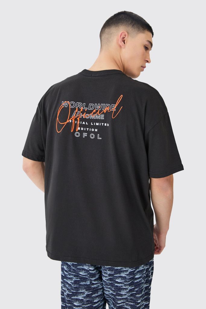 Men's Oversized Heavyweight Worldwide Embroidered T-Shirt - Black - S, Black
