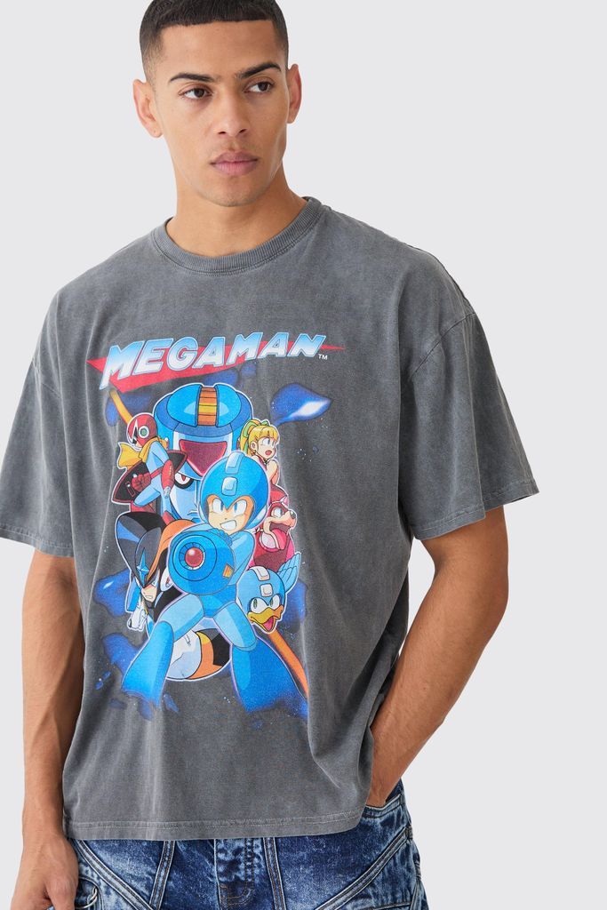 Men's Oversized Megaman Wash License T-Shirt - Grey - S, Grey