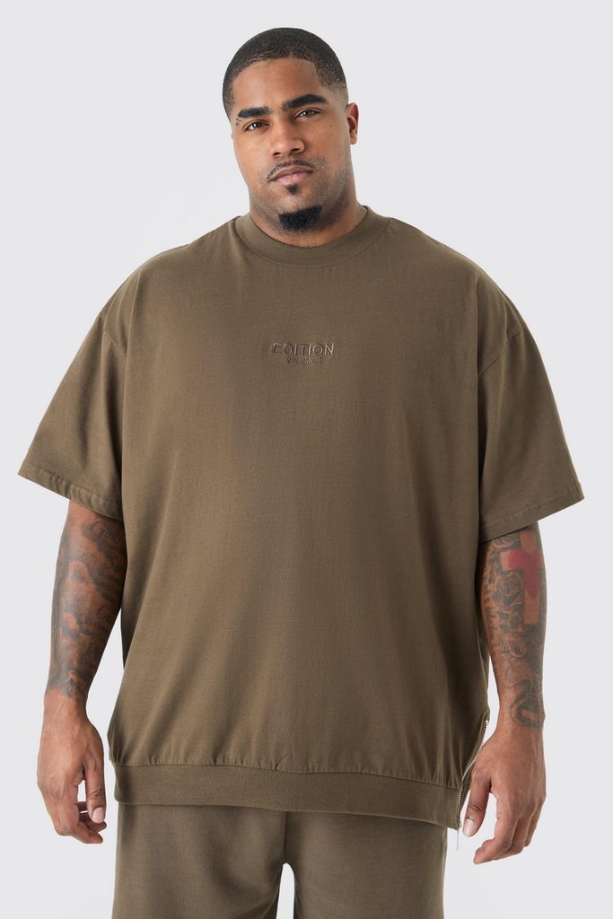 Men's Plus Edition Oversized Heavyweight Zip Hem T-Shirt - Brown - Xxxl, Brown
