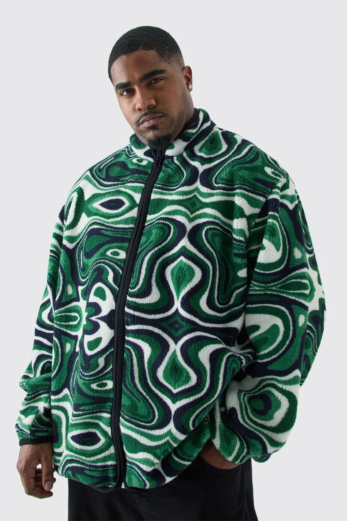 Men's Plus Oversized Abstract Print Borg Funnel Neck Jacket - Green - Xxxl, Green
