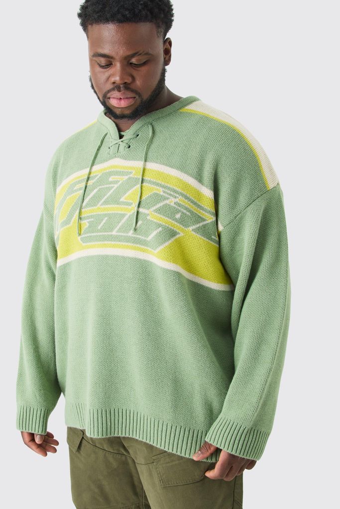 Men's Plus Oversized Knitted Hockey Top With Tie Detail - Green - Xxxl, Green
