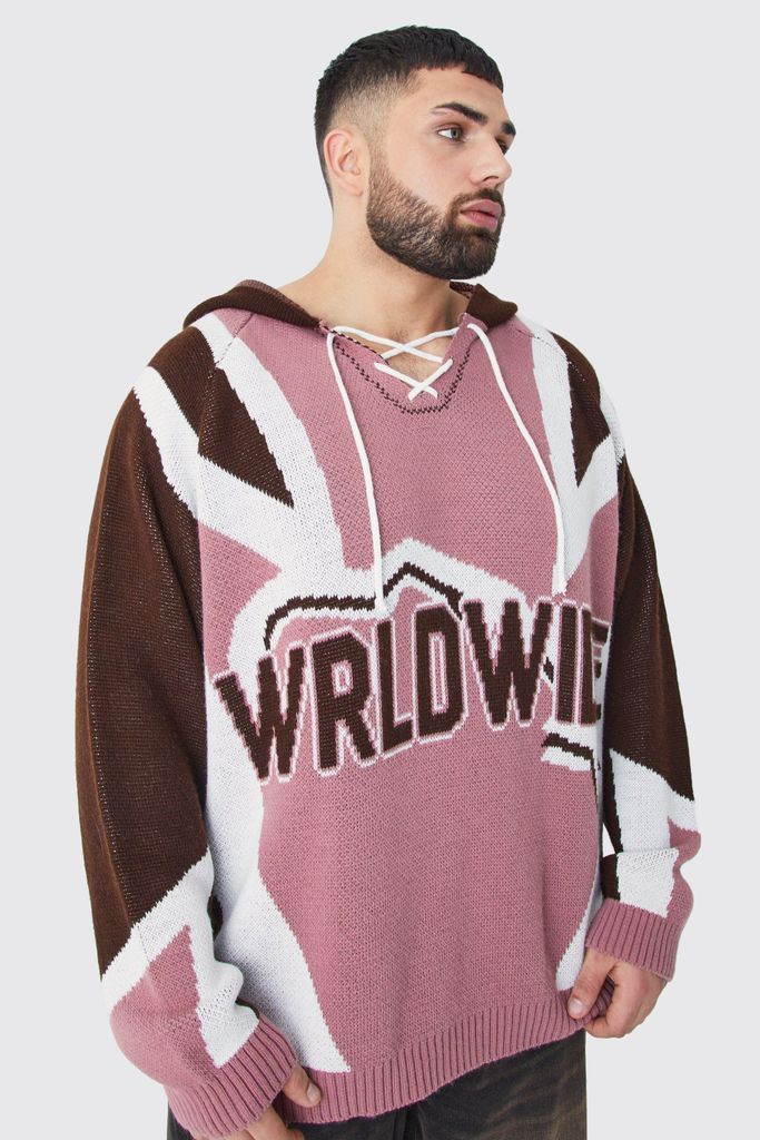 Men's Plus Oversized Lace Up Hockey Jumper With Hood - Pink - Xxxl, Pink