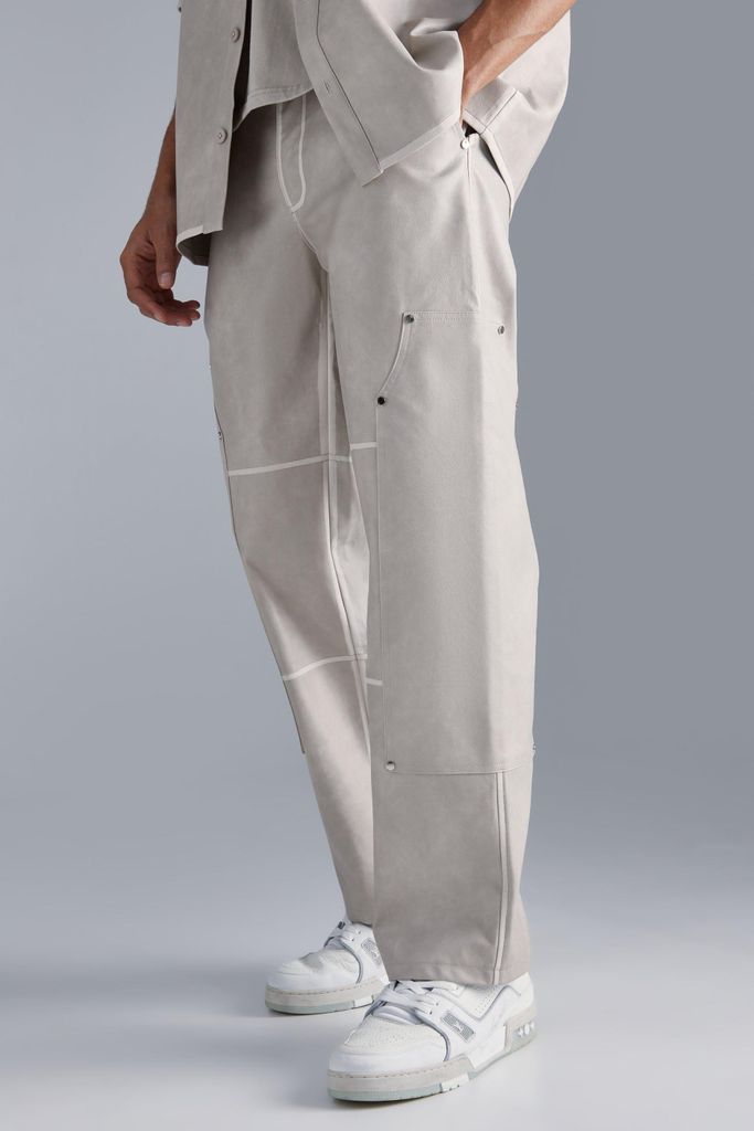 Men's Pu Carpenter Panel Acid Wash Seam Relaxed Trouser - Cream - 28, Cream