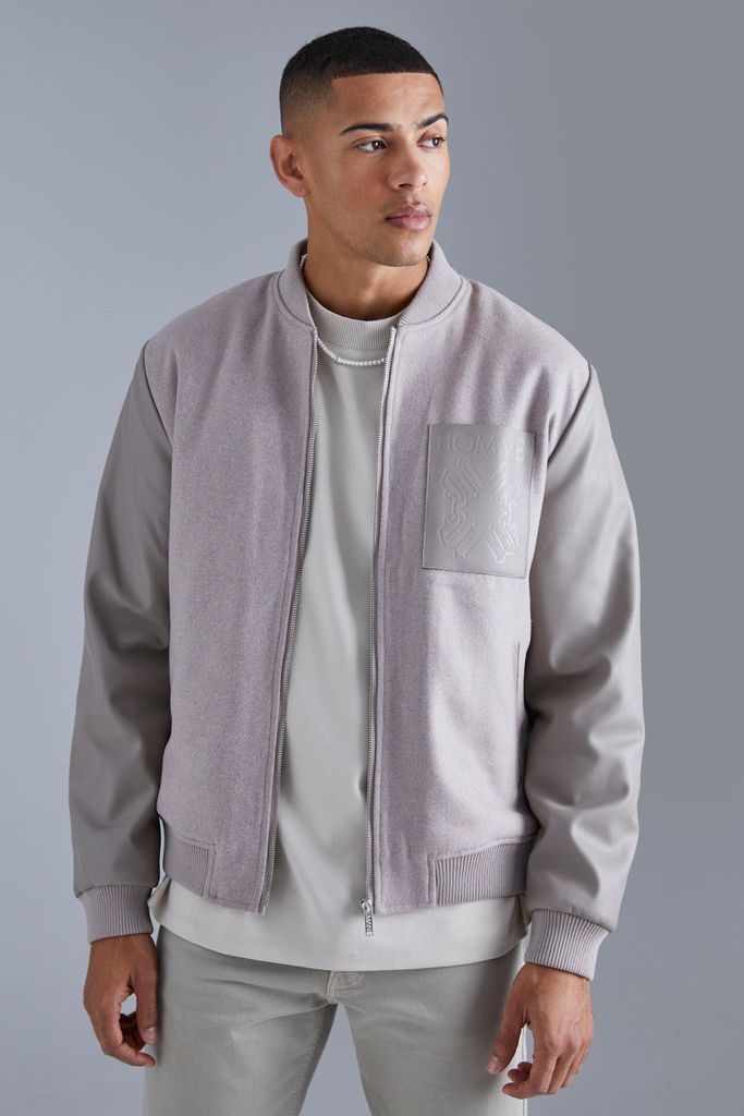 Men's Regular Fit Melton & Pu Patch Bomber - Grey - S, Grey