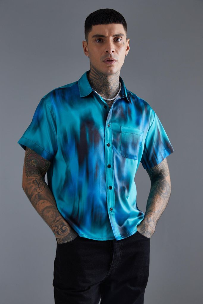Men's Short Sleeve Boxy Satin Tie Dye Shirt - Blue - S, Blue
