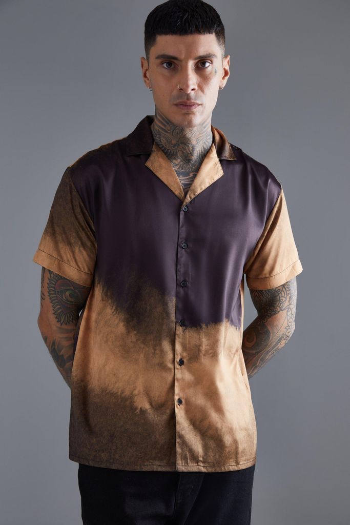 Men's Short Sleeve Oversized Ombre Satin Shirt - Brown - S, Brown