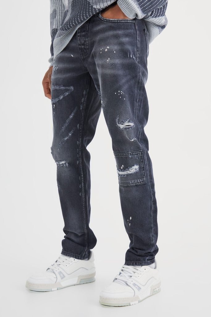 Men's Slim Rigid All Over Paint Detail Knee Ripped Jeans In Black - 28R, Black