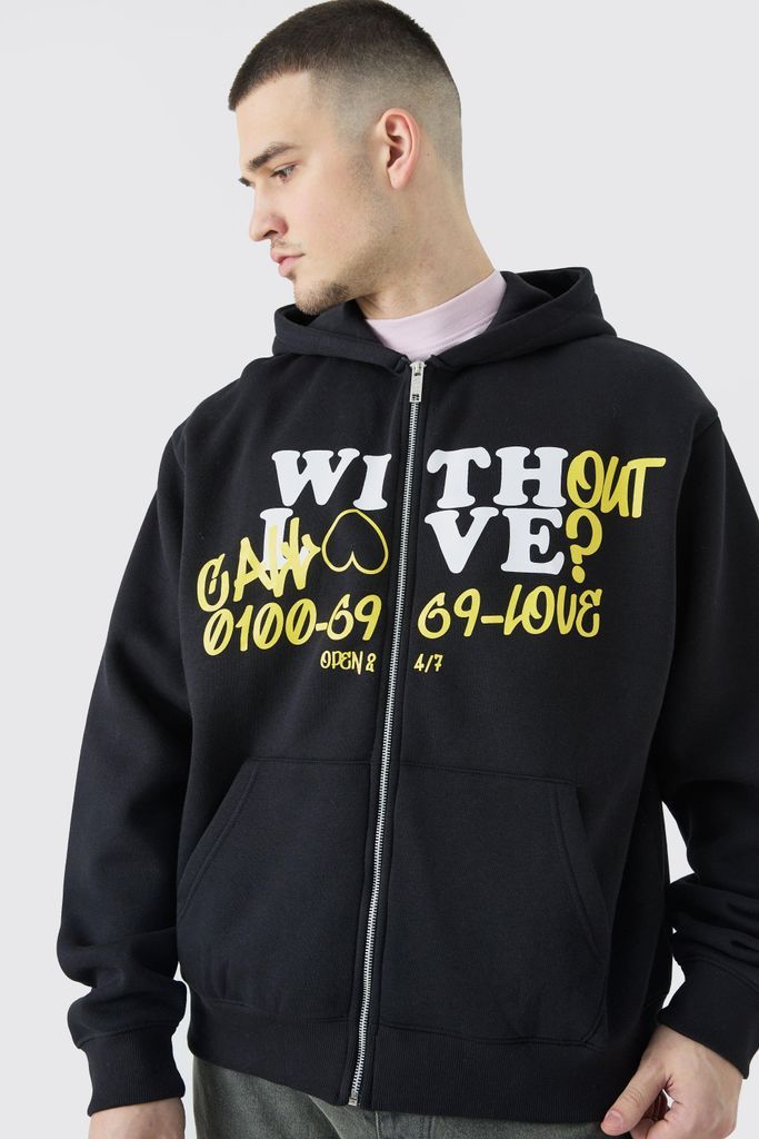 Men's Tall Boxy Without Love Print Zip Hoodie - Black - S, Black