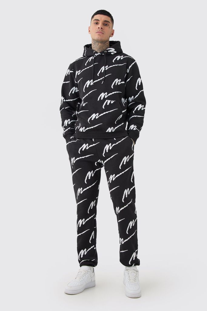 Men's Tall Man Signature All Over Print Hoodie Tracksuit - Black - S, Black