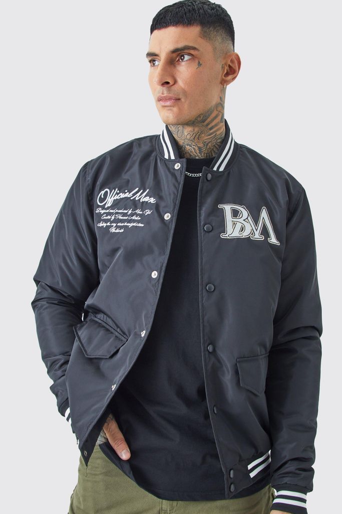 Men's Tall Nylon Varsity Jacket With Badges - Black - S, Black