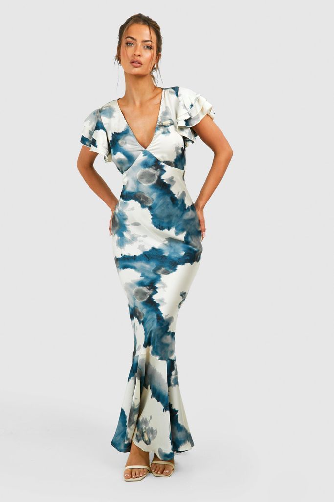 Womens Abstract Satin Ruffle Sleeve Maxi Dress - Blue - 8, Blue