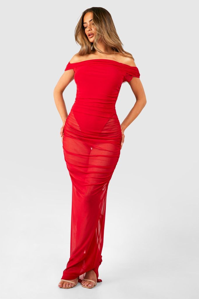 Womens Bardot Ruched Mesh Maxi Dress - Red - 8, Red