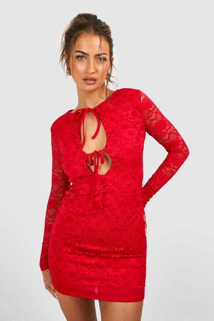 Womens Cut Out Tie Front Lace Mini Dress - Red - 8, Red