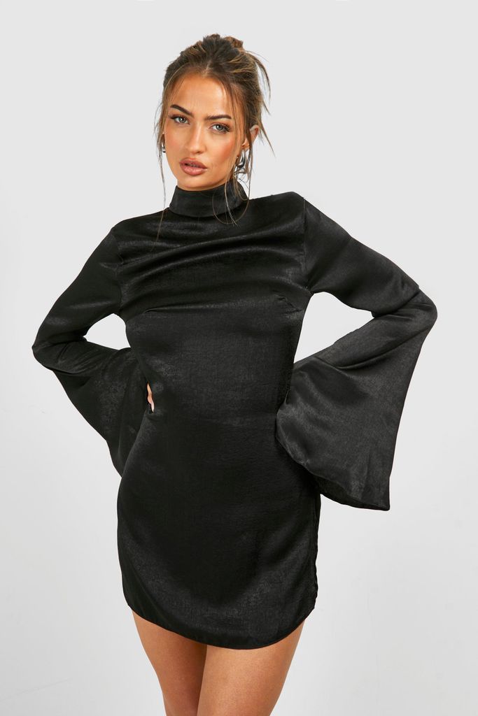 Womens Hamered Satin Flare Sleeve Mini Dress - Black - 8, Black