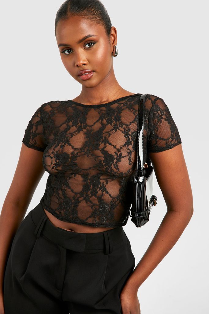 Womens Mesh Lace Detail Backless Crop Top - Black - 6, Black