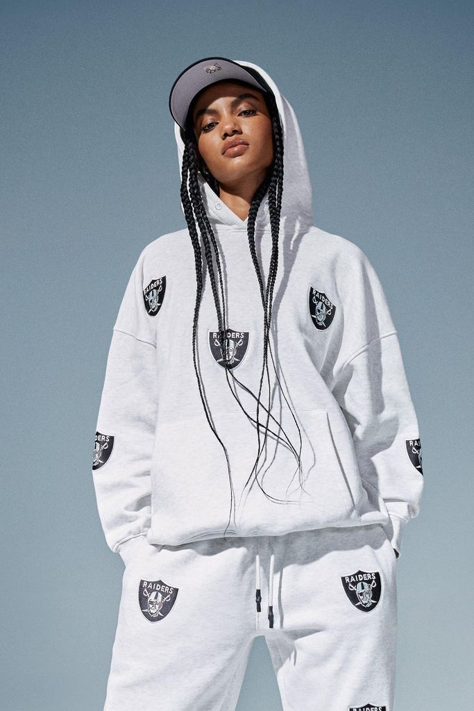 Womens Nfl Raiders License All Over Badge Applique Oversized Hoody - Grey - 6, Grey