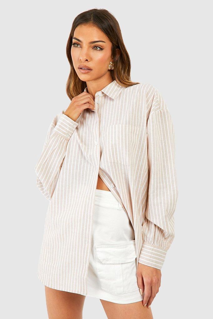 Womens Oversized Stripe Shirt - Beige - 6, Beige