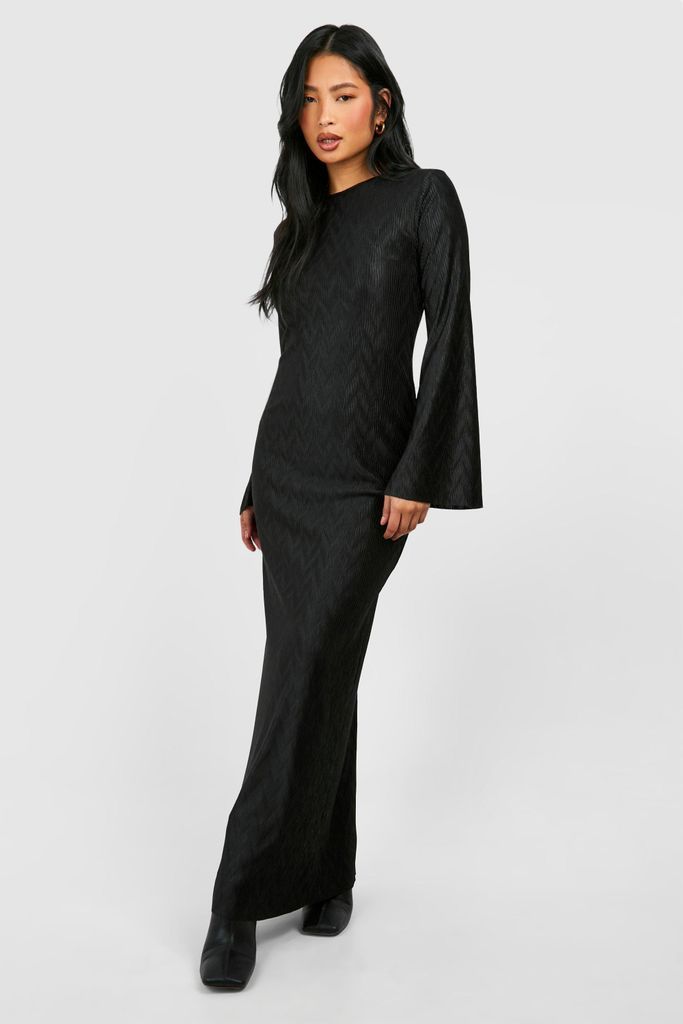 Womens Petite Textured Plisse Flare Sleeve Maxi Dress - Black - 6, Black