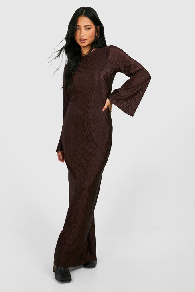 Womens Petite Textured Plisse Flare Sleeve Maxi Dress - Brown - 6, Brown
