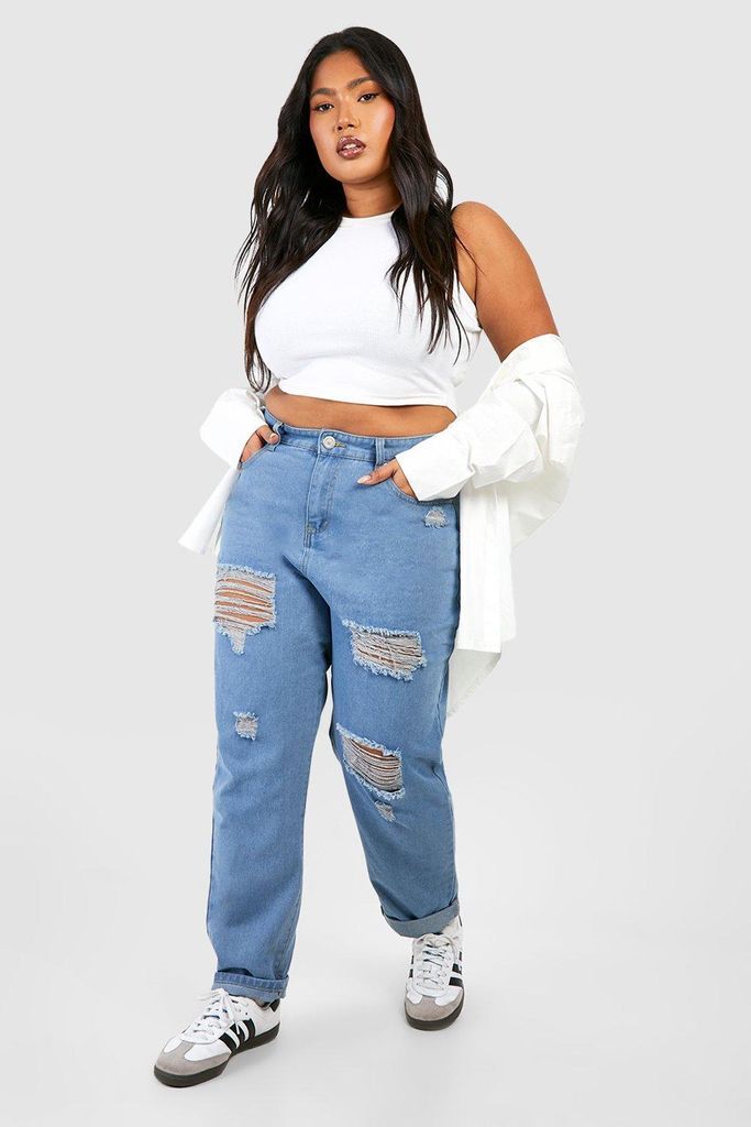 Womens Plus Distressed Ripped Mom Jeans - White - 16, White