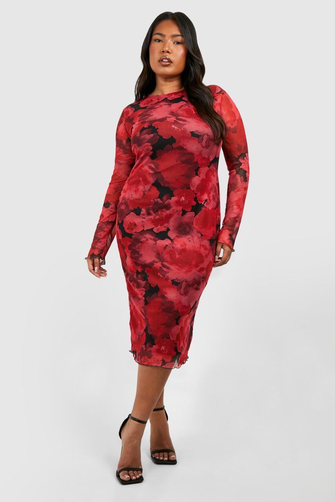 Womens Plus Midi Mesh Printed Dress - Red - 16, Red
