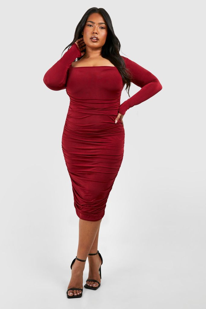 Womens Plus Midi Ruched Dress - Red - 16, Red