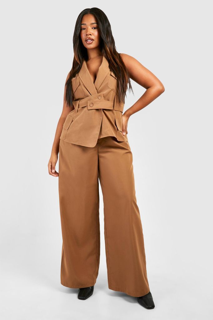 Womens Plus Pleated Front Wide Leg Trouser - Brown - 16, Brown