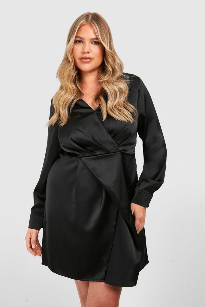 Womens Plus Satin Wrap Collar Dress - Black - 16, Black