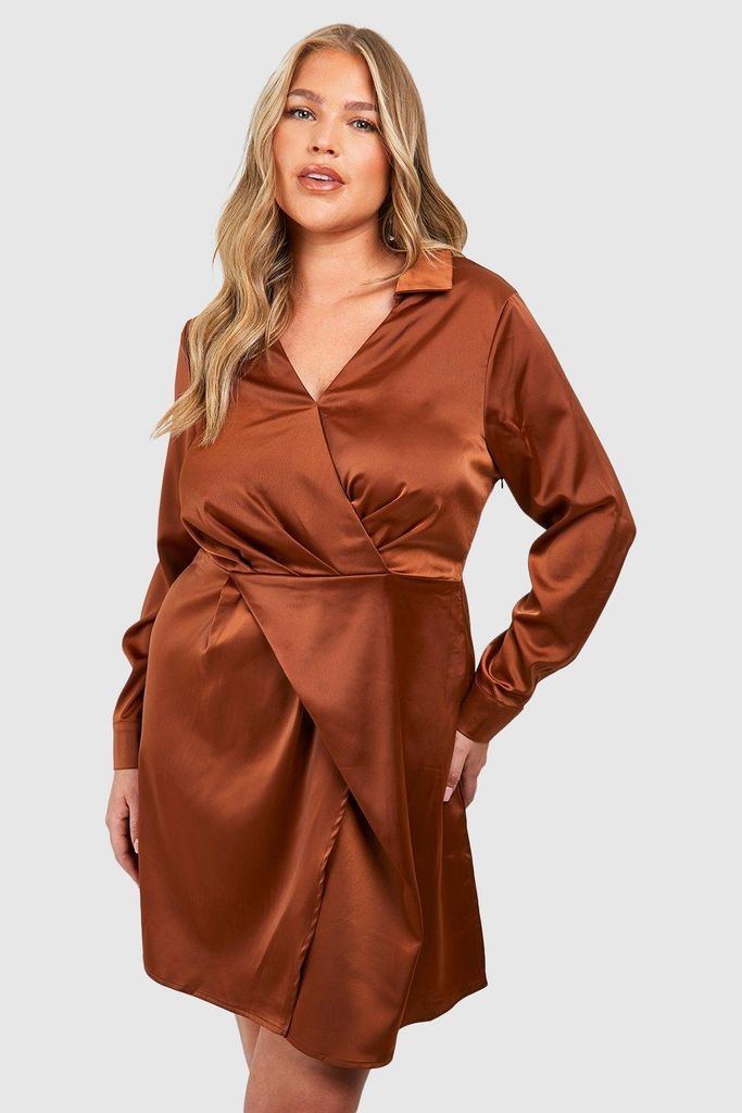 Womens Plus Satin Wrap Collar Dress - Brown - 16, Brown
