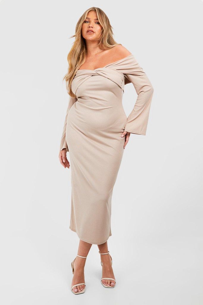 Womens Plus Twist Detail Bardot Soft Rib Column Midaxi Dress - Beige - 16, Beige