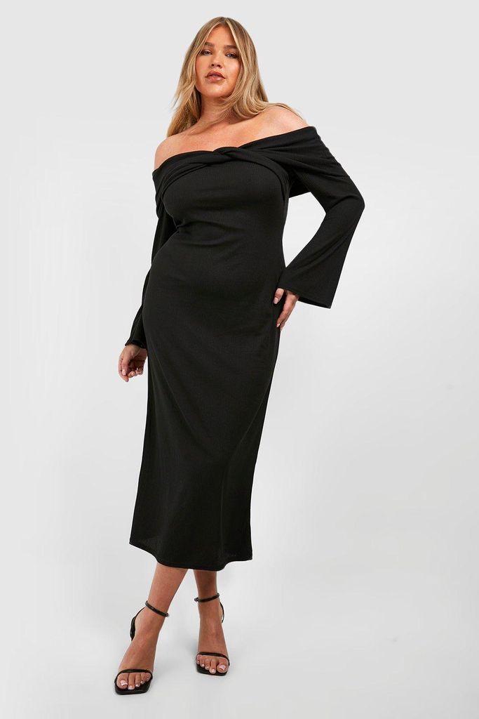 Womens Plus Twist Detail Bardot Soft Rib Column Midaxi Dress - Black - 16, Black